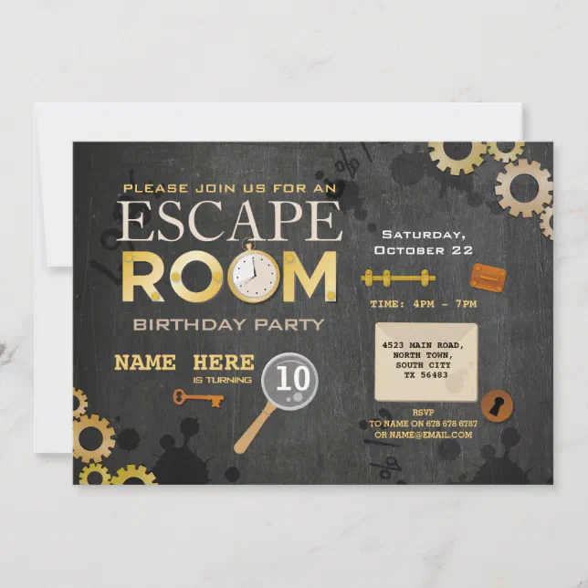 Escape Room Birthday Party Clues Cogs Keys Photo Invitation | Zazzle