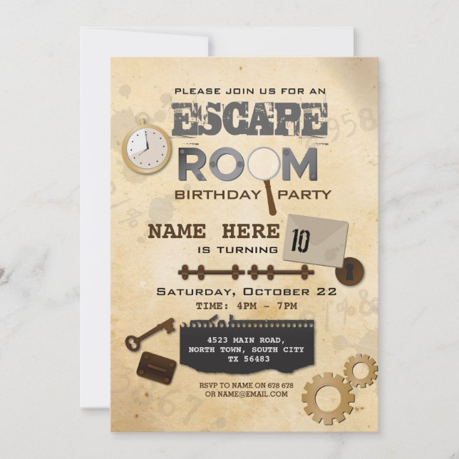Escape Room Birthday Party Invitation Clues Spy (Front)