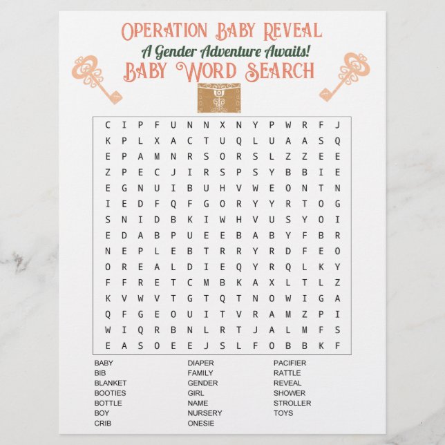 Escape Room Gender Reveal Baby Word Search Flyer (Front)