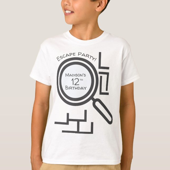 Escape Room Maze Party Gray White T-Shirt (Front)