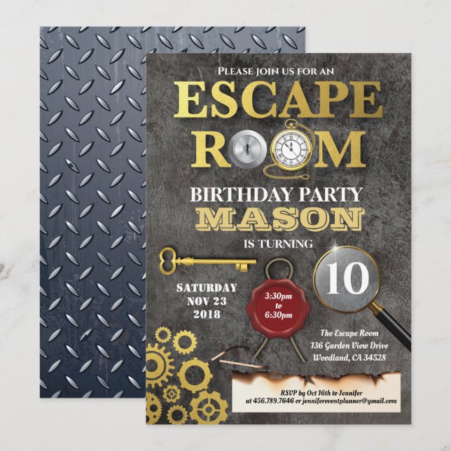 Escape room mystery solving challenge birthday invitation (Front/Back)
