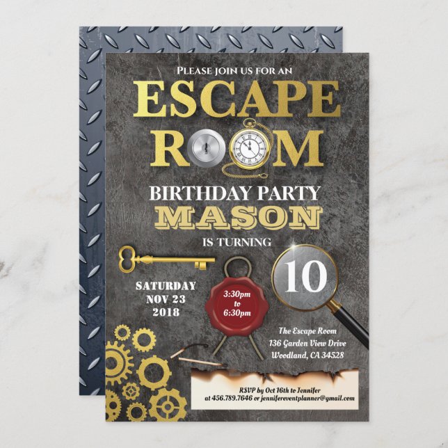 Escape room mystery solving challenge birthday invitation (Front/Back)