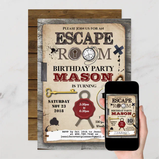 Escape room mystery solving challenge birthday invitation | Zazzle