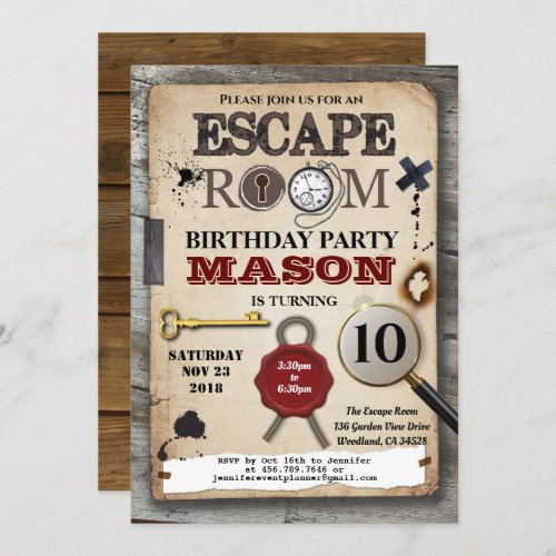 Escape room mystery solving challenge birthday invitation