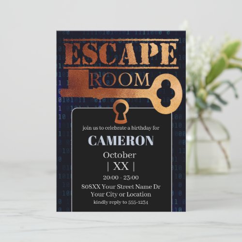 Escape Room Party Lock and Key Binary Code Black Invitation