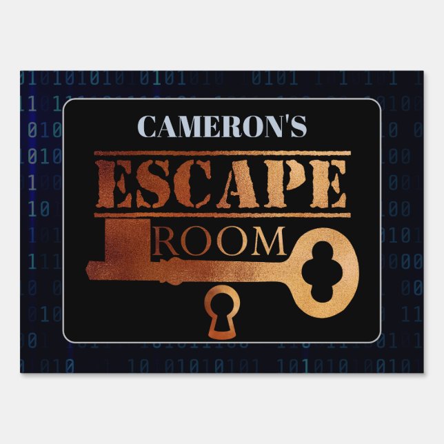 Escape Room Party Lock and Key Binary Code Black Sign (Front)