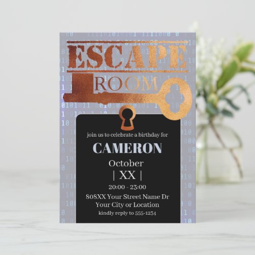 Escape Room Party Lock and Key Binary Code Invitation