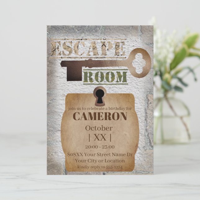 Escape Room Party Lock and Key Concrete and Bricks Invitation (Standing Front)