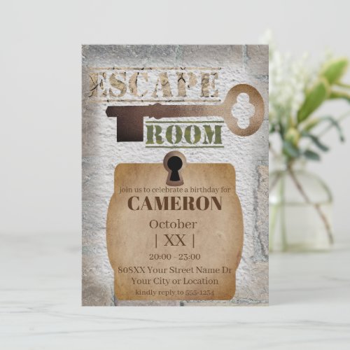 Escape Room Party Lock and Key Concrete and Bricks Invitation