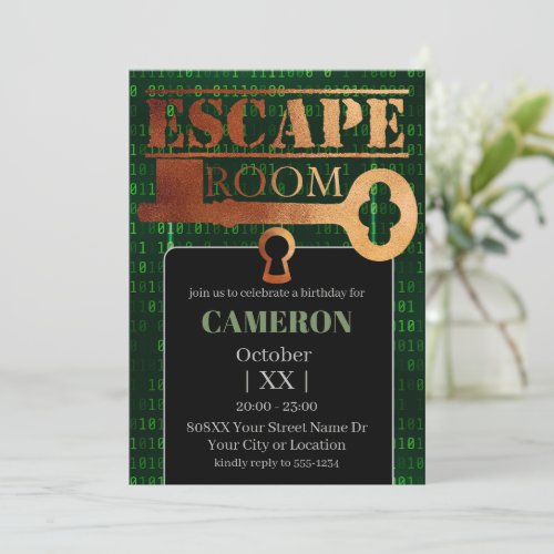 Escape Room Party Lock and Key Green Binary Code Invitation