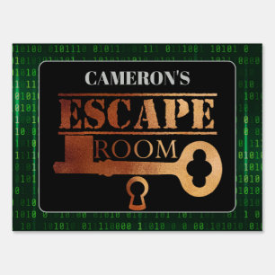 Escape Room Party Lock and Key Green Binary Code Sign