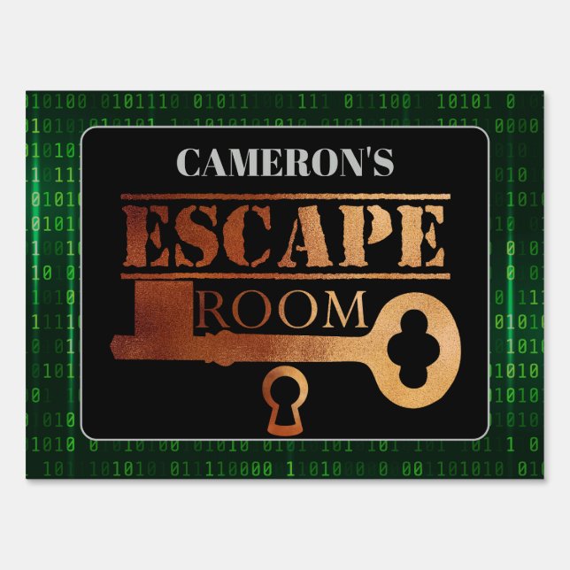 Escape Room Party Lock and Key Green Binary Code Sign (Front)