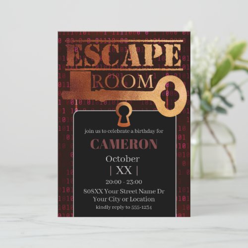 Escape Room Party Lock and Key Red Binary Code Invitation