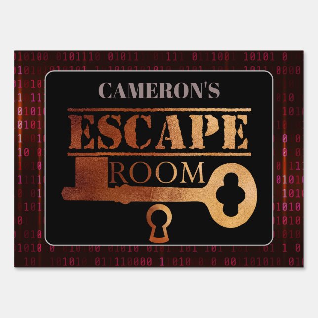 Escape Room Party Lock and Key Red Binary Code Sign (Front)