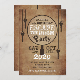 Escape Room, Vintage Paper Birthday Party Invitation