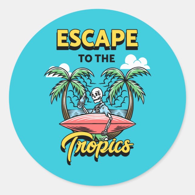 Escape to the Tropics Skeleton Surf Classic Round Sticker (Front)
