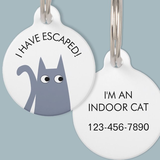 Escaped Indoor Cat Blue Gray Pet ID Tag (Escaped indoor cat personalized phone number safety blue gray cat pet tag)