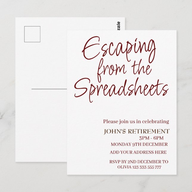 Escaping from the spreadsheets Funny Retirement  Postcard (Front/Back)