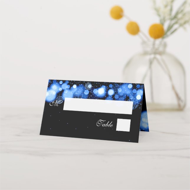Escort Card Elegant Winter Wedding Blue Lights (Front)