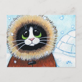Eskimo Cat And Igloo | Animal Art Postcard by LisaMarieArt at Zazzle