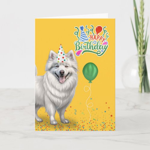 Eskimo Dog in a Party Hat on Yellow Birthday Card