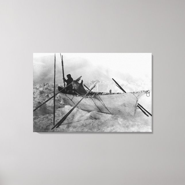 Eskimo in Boat made with Skins called an Omiak Canvas Print (Front)