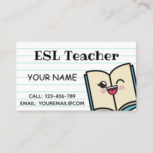 ESL Teacher Cute Kawaii Book School Instructor Fun Business Card