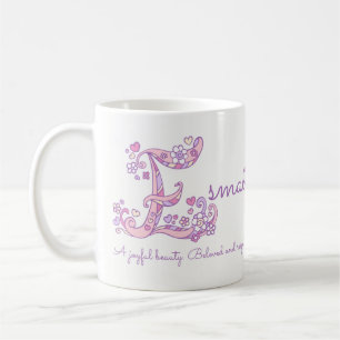 Esmae name meaning heart flower E monogram mug