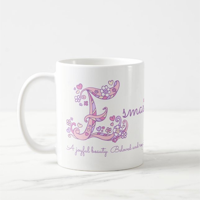 Esmae name meaning heart flower E monogram mug (Left)