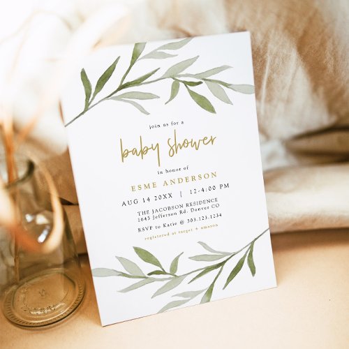 ESME Bohemian Greenery  Gold Baby Shower Invitation