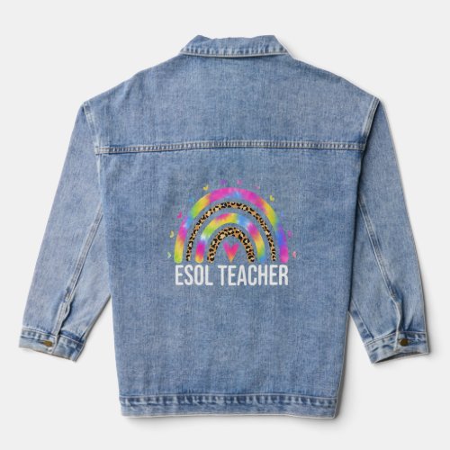 ESOL Teacher Squad Team Tie Dye Leopard Rainbow ES Denim Jacket