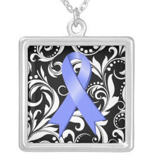 Esophageal Cancer Ribbon Deco Floral Noir Silver Plated Necklace