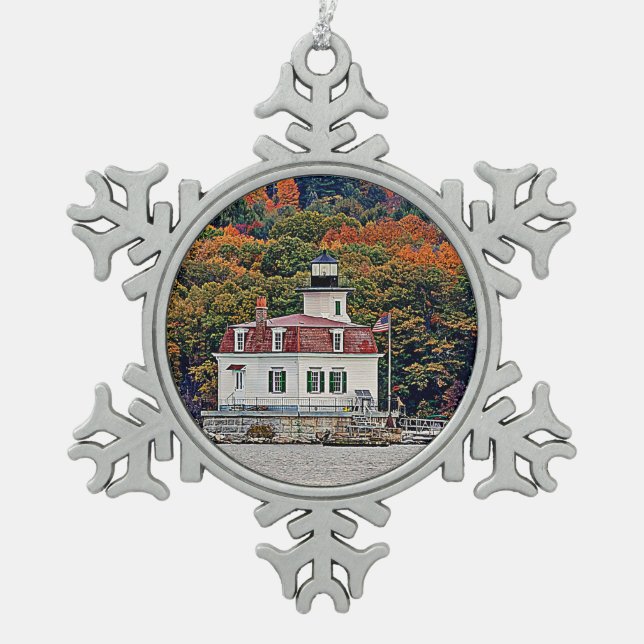 Esopus Meadows Lighthouse Snowflake Pewter Christmas Ornament (Front)