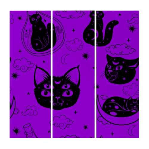 esoteric black cat moon purple  triptych