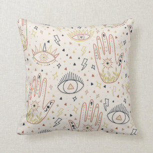Esoteric Hands Eyes Tan Boho Pattern Stars symbols Throw Pillow