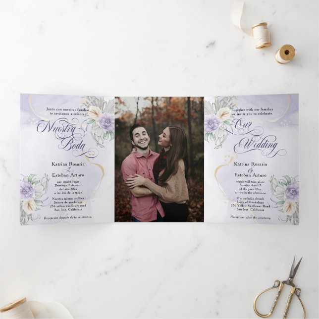 Español English Flores Lilac Lila Flowers  Tri-Fold Invitation (Inside)