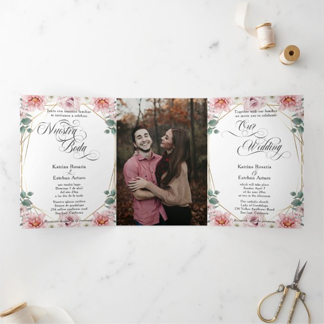 Español English Peonias Rosas Pink Peonies Tri-Fold Invitation (Inside)