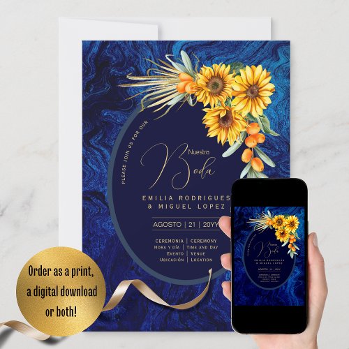 Espanol Invitacin Boda Rustic Blue Sunflowers Inv Invitation