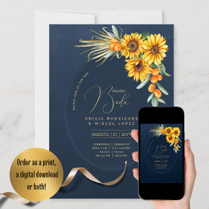 Espanol Invitación Boda Rustic Blue Sunflowers Invitation