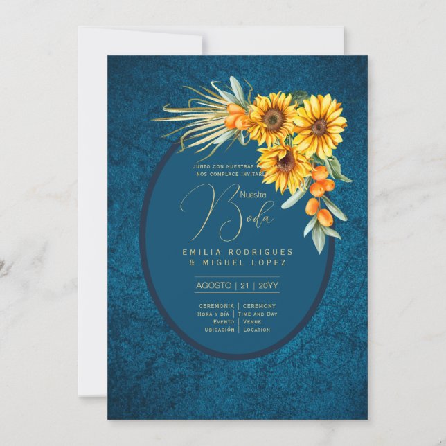 Espanol Invitación Boda Rustic Blue Sunflowers Invitation (Front)
