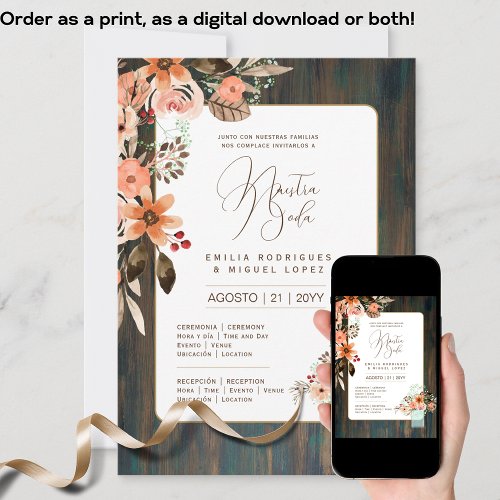 Espanol Invitacin de Boda Floral Wedding Rustic I Invitation