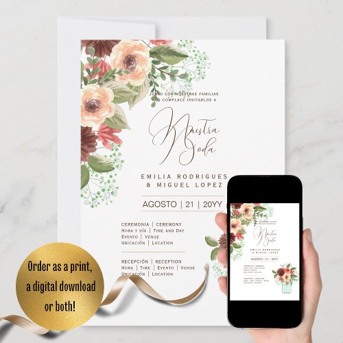 Espanol Invitacin de Boda Summer Floral Wedding I Invitation