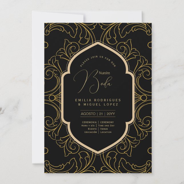 Espanol Invitation Elegant Black Gold Wedding Wedd (Front)
