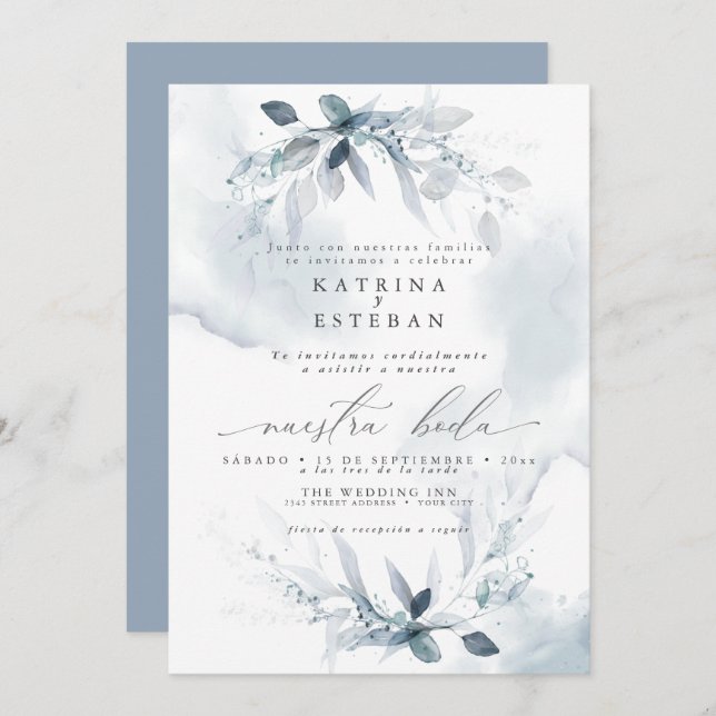 Español Wedding Rustic  Dusty Blue Foliage  Invitation (Front/Back)