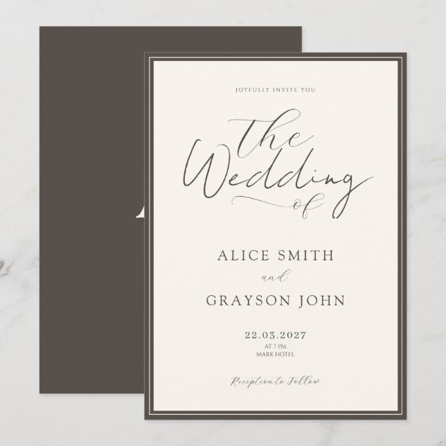 Espresso Beige Script Classic Minimalist Wedding  Invitation (Front/Back)