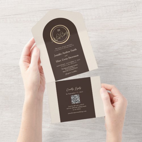 Espresso Brown Gold QR Code Wedding All In One Invitation