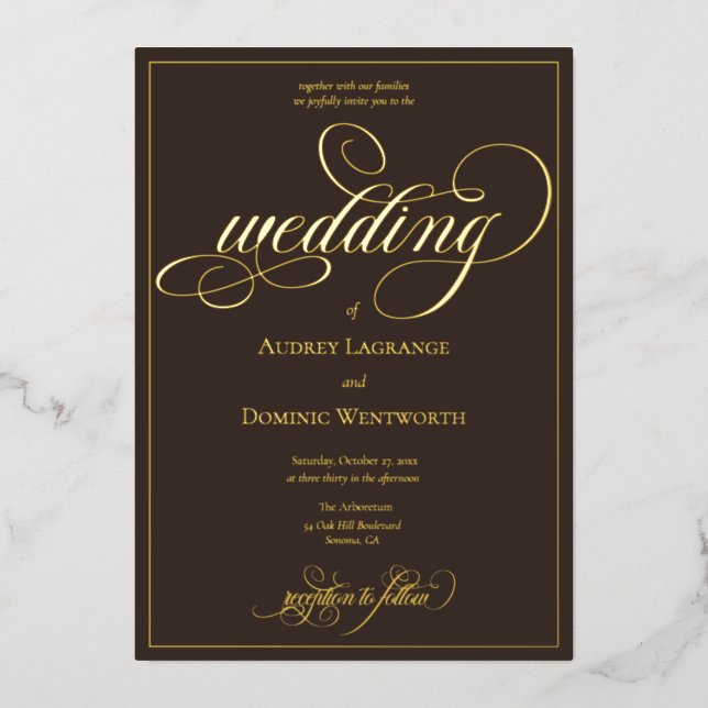 Espresso Brown Gold Wedding Script Calligraphy Foil Invitation (Front)