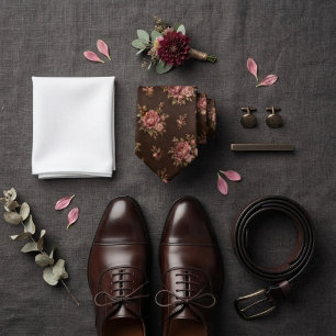 Espresso Brown Pink Peony Chintz Bouquet Neck Tie