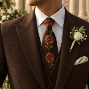 Espresso Brown Rust Dahlia Botanical Floral Neck Tie