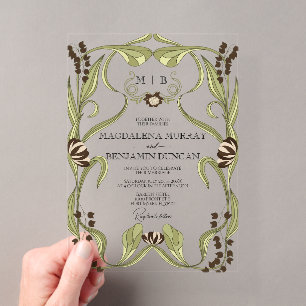 Espresso Brown Vintage Art Nouveau Floral Wedding Acrylic Invitations